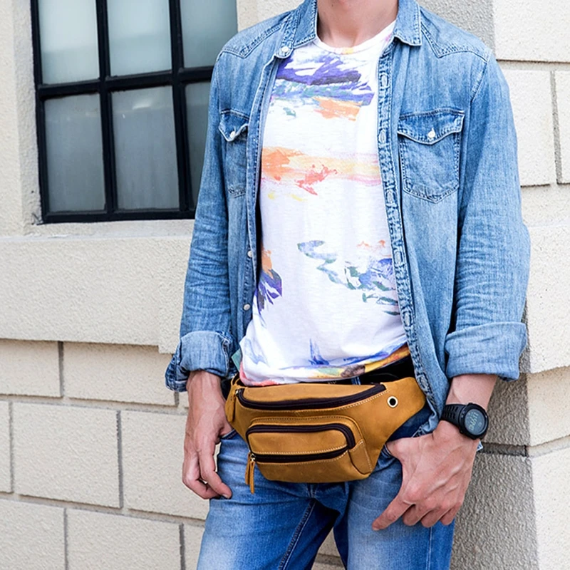 

Men's Genuine Leather Waist Bag Vintage Pouch Bag Bum Bag Fanny Pack Chest Leisure Messenger Shoulder Bag ((Light Brown))
