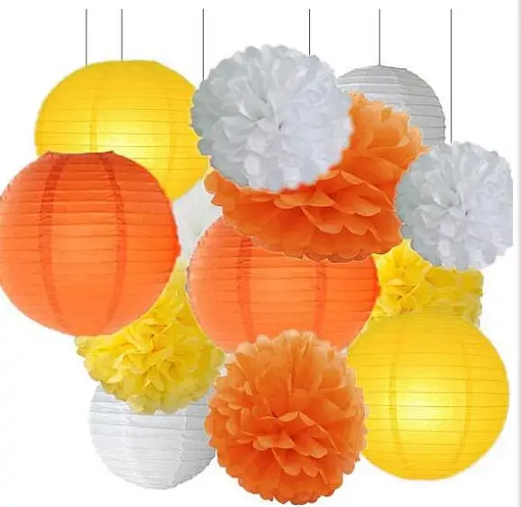 Papier Pom Poms A Fleurs En Tissu Colore 12 Pieces Jaune Orange Blanc Decoration Pour Fete Prenatale Anniversaire Mariage Aliexpress