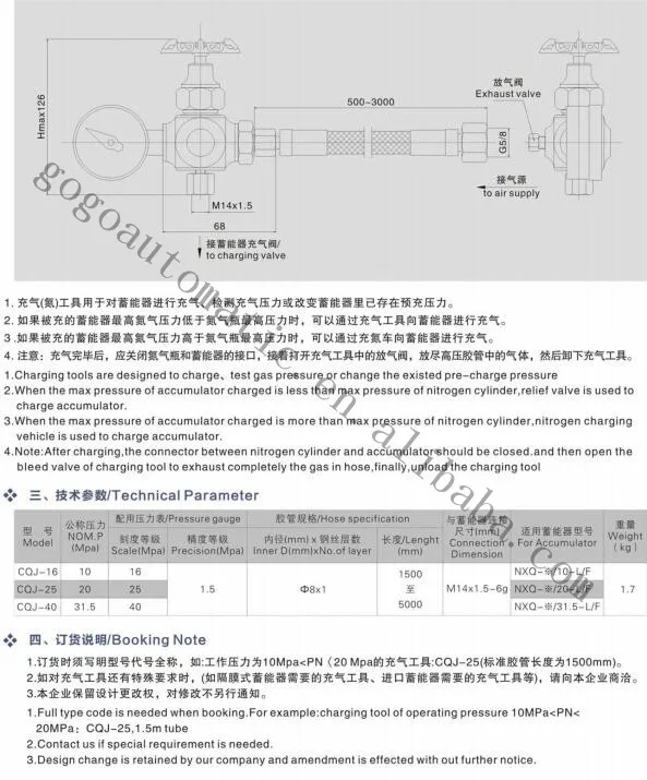 Высокое качество гидравлический аккумулятор зарядный аксессуар CQJ-16 CQJ-25 CQJ-40 нить M14* 1,5 CQJ Тип азота N2 инструменты NXQ