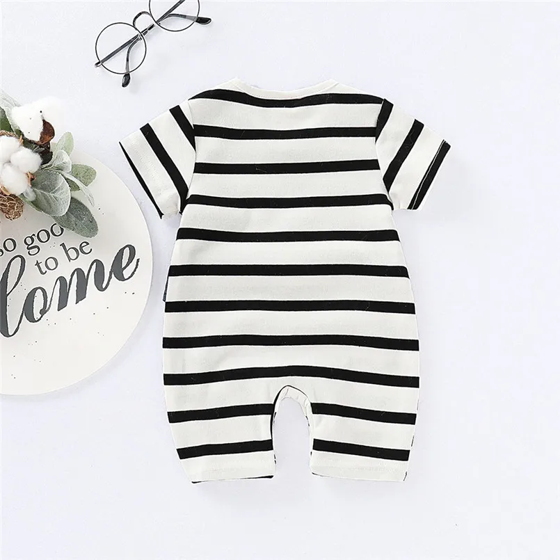Infant Baby Boys Short Sleeve Gentleman Bow Tie Striped Print Romper Jumpsuit  (5)