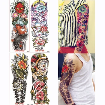 

4 Piece Temporary Tattoo Sticker Color Mechanical Full Flower Tattoo with Arm Body Art Big Large Fake Tattoo Sticker