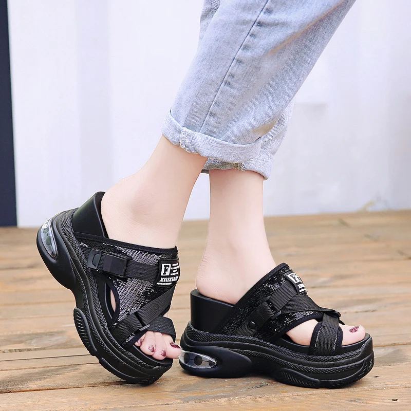 

Lucyever 2019 Fashion Bling Summer Women's Sandals High Heel Platform Open Toe Women Sandals Wedges Thick Soled Shoes Woman