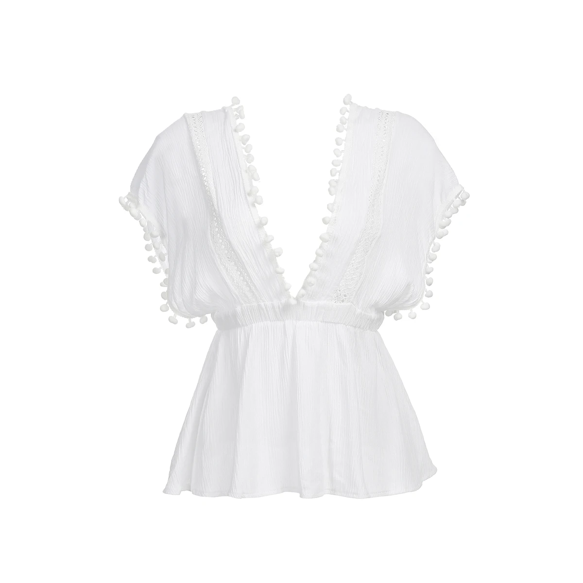Fashion Women Lady Summer Loose Casual Ladies Short Sleeve V Neck Tassel Lace Shirt Tops Pure White Blouse Clothing | Женская одежда