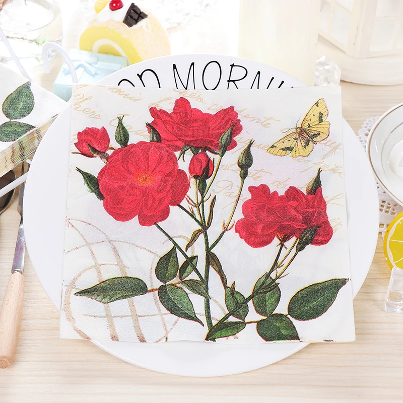 

20 vintage napkins paper red rose tissue printed flower butterfly decoupage wedding partydecor serviettes handkerchief towel