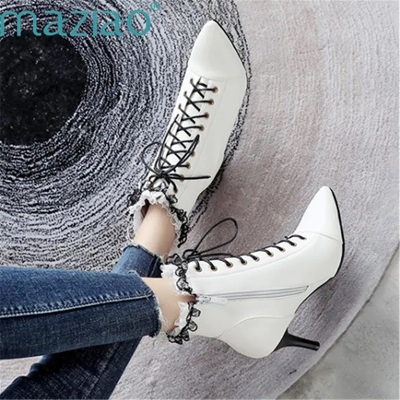 

Ankle Boots for Women Cross Tied High Heels Female Lace Up Shoes Lace Pointed Toe Short Boot MAZIAO