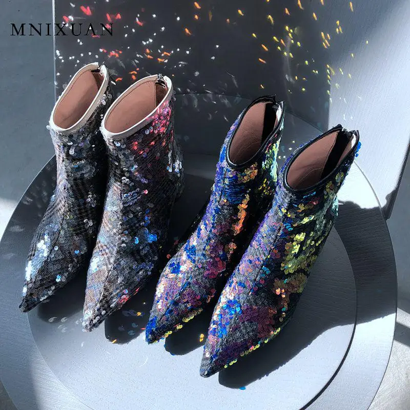 

MNIXUAN Fashion Bling bling Sequin Glitter Boots Pointed Toe High Heel Ankle Boots 2019 new colorfur block high heels short shoe