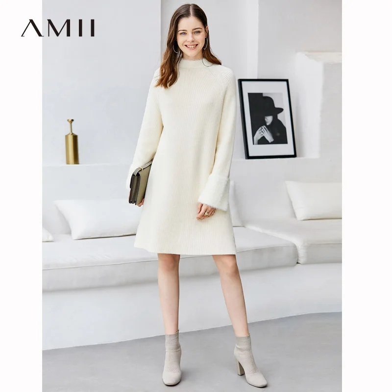 Amii минималистичное шерстяное вязаное платье с круглым вырезом в стиле пэчворк для женщин зимние однотонные французские романтические женские платья с Боковым Разрезом