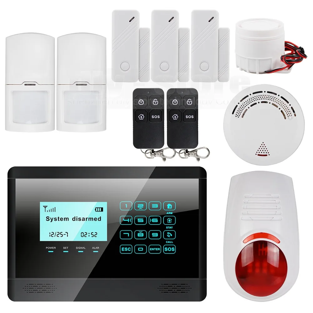 

DIYSECUR 433MHz wireless and wired GSM alarm system, touch screen, flash sensor, SMS alert, smoke sensor