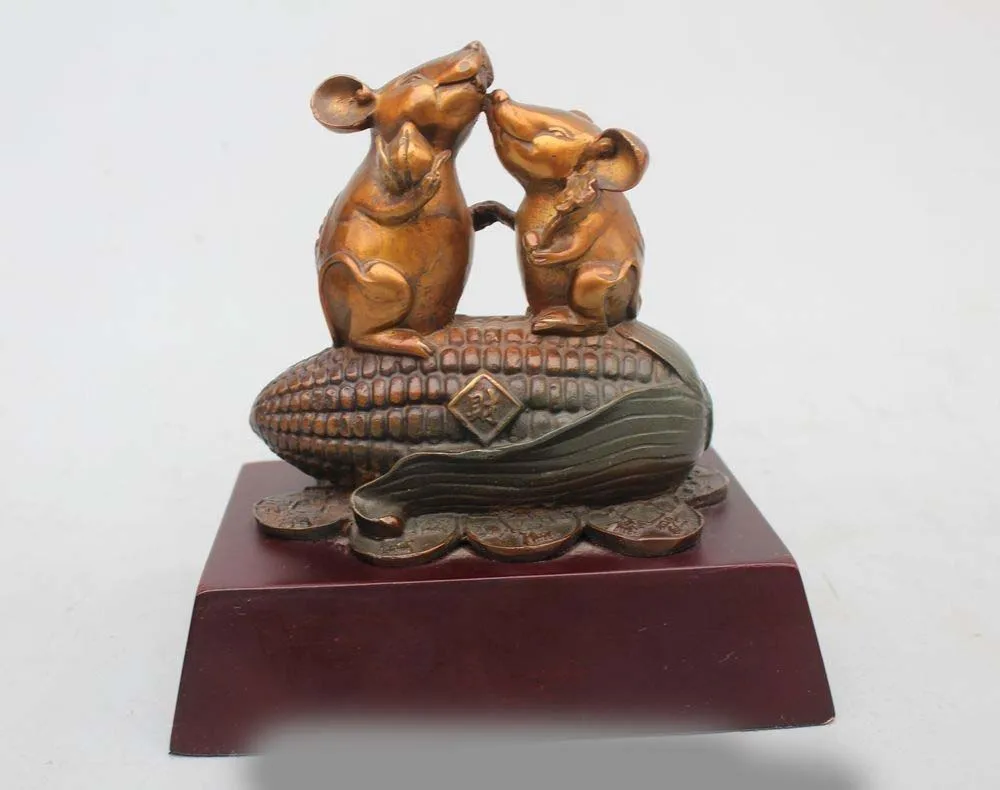 

7"Chinese Art sculpture Scarce Royal Bronze Two Mouse eat Corn Statue