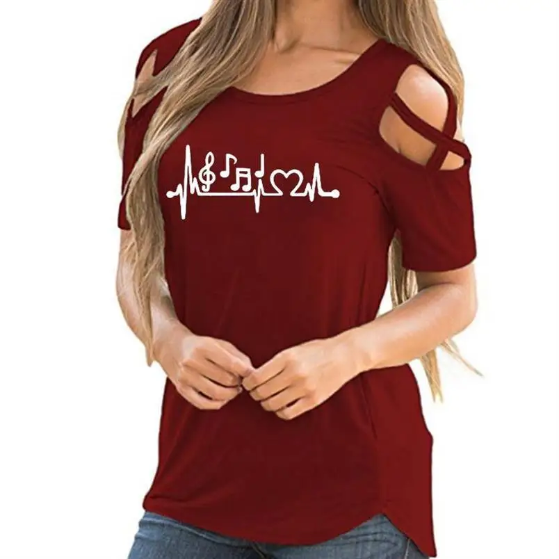 

2019 Fashion T-Shirt For Women Bandage Off Shoulder Music Notes Heartbeat Letters Print Top T-Shirt Women Plus Size Summer Tops