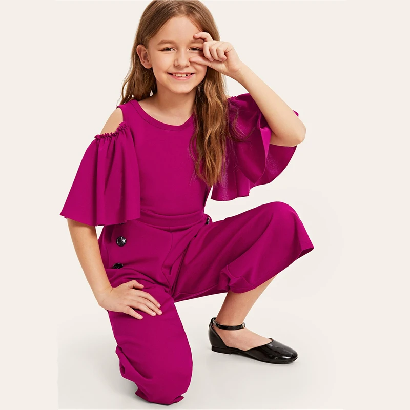 SHEIN/детский однотонный повседневный комбинезон с открытыми плечами и пуговицами сбоку для девочек; коллекция года; сезон лето; свободные длинные Комбинезоны на молнии с рукавами-воланами