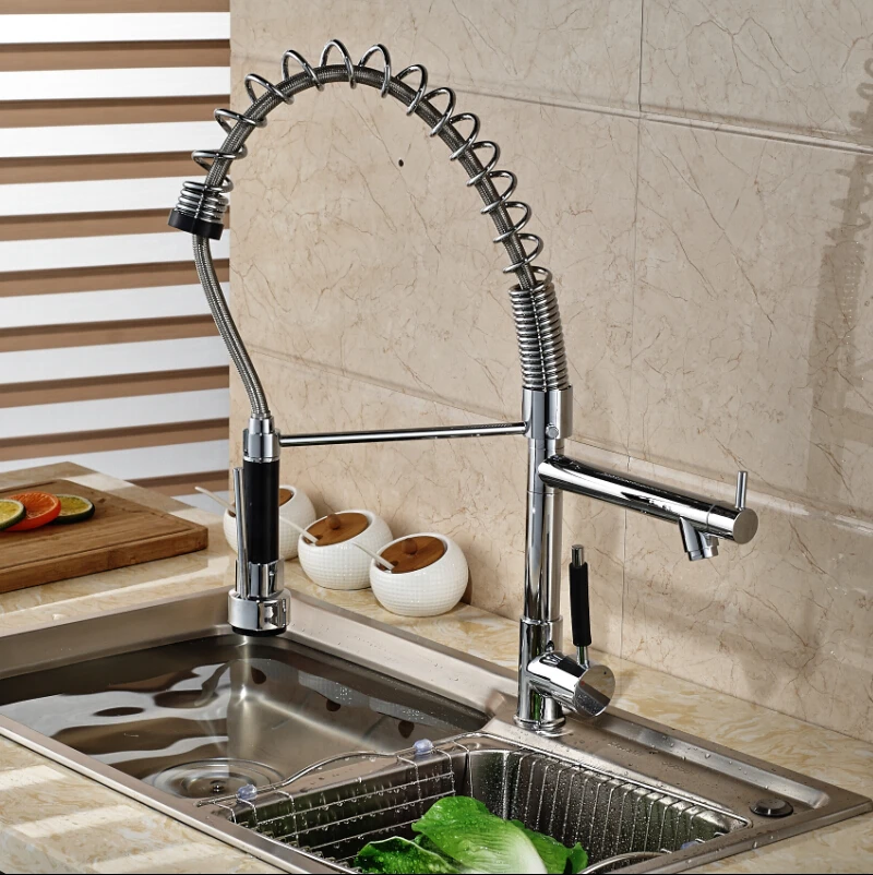 Heightening Single Handle Spring Neck Pull Down Faucet for Kitchen Bar or Vanity Sink Chrome Finish