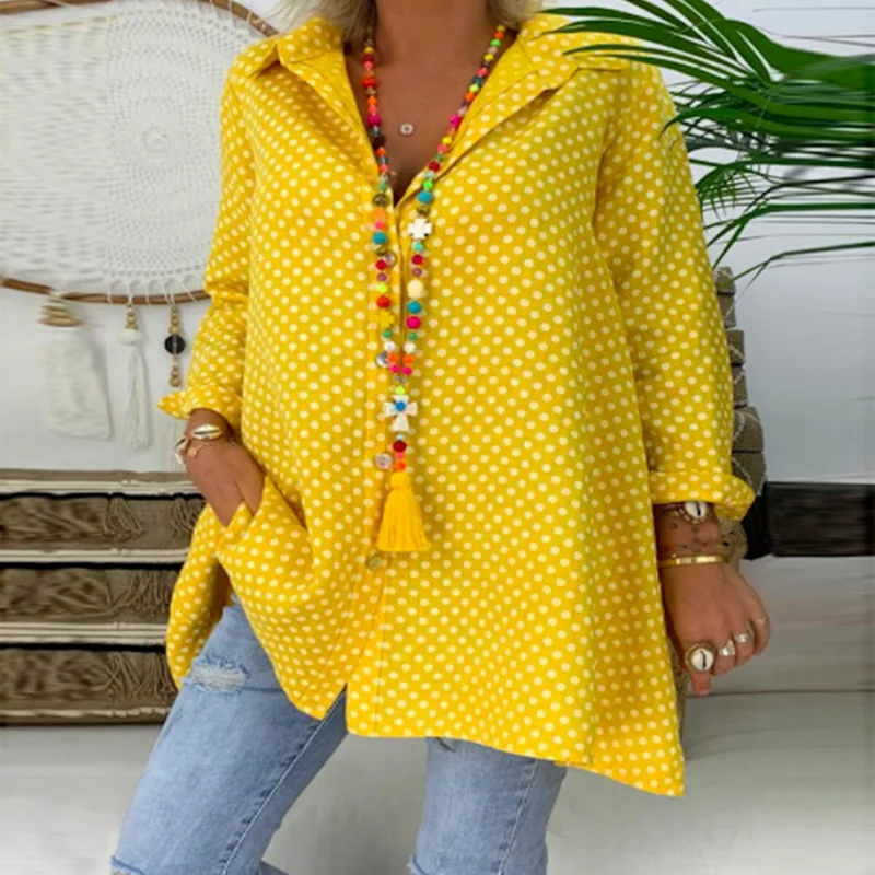 

CALOFE Women's Summer Loose Casual Dot Blouse Long Sleeve Polka Dot Shirt Tops Beach Or OL Ladies' Top Plus Size S-3XL