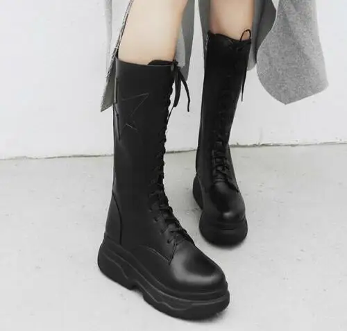

Women New Comfortable Thick Bottom Flat Side Zipper Mid-calf Leather Laced Boots L10