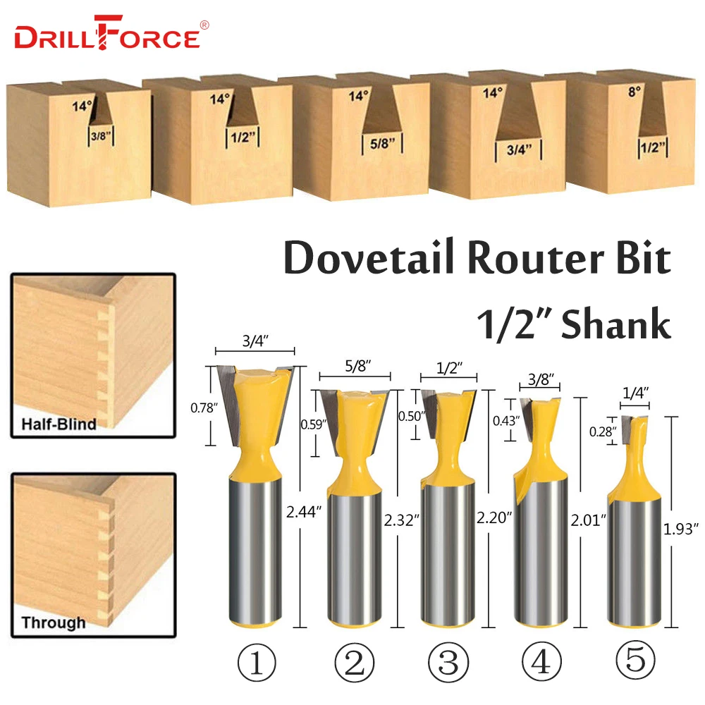 Drillforce 5 шт. 1/2 "(12,7 мм) Хвостовик маршрутизатор Набор бит ласточкин хвост карбид фреза дверь Дерево Деревообработка промышленный инструмент