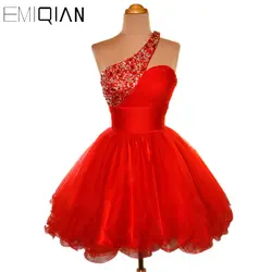 Дешевое короткое вечерние платье Пышная юбка на одно плечо красная органза вышитое бисером вечернее платье