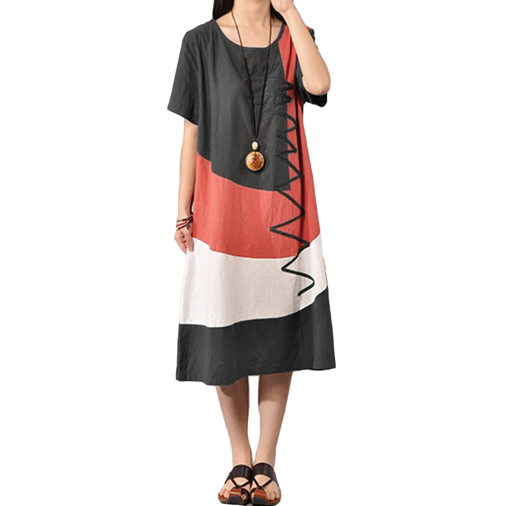 

4XL 5XL Plus Size Fashion Dress Women Cotton Vintage Dress Contrast O Neck Short Sleeve Splice Mid-Calf Casual Loose Dress 2019