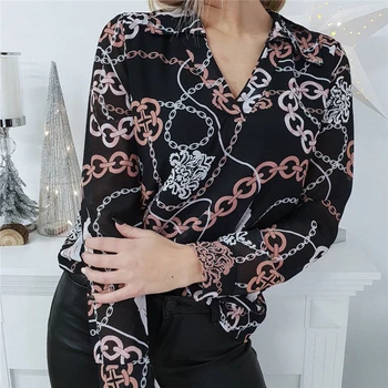 

Sexy Loose Shirt Women Printed Steel Link Chain Chiffon Blouse Elegant Shirts Long Sleeve V Neck Top Woman OL Clothes