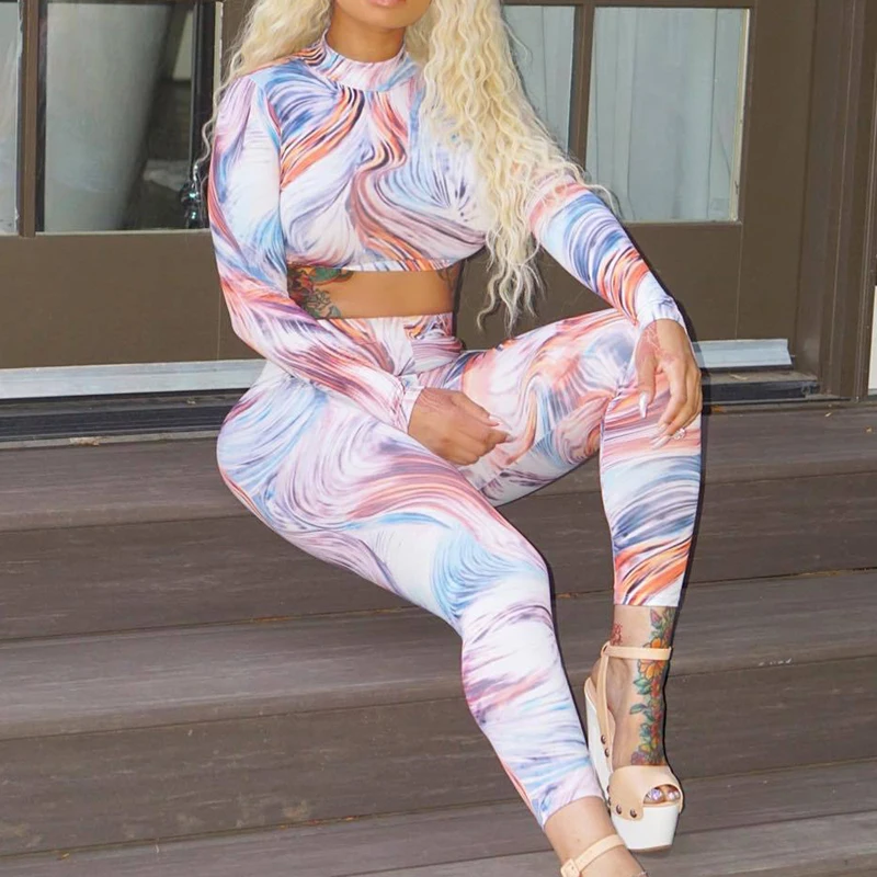 Женская спортивная одежда с принтом Tie Dye, комбинезон с длинными рукавами и круглым вырезом, укороченный топ, леггинсы с высокой талией, 2