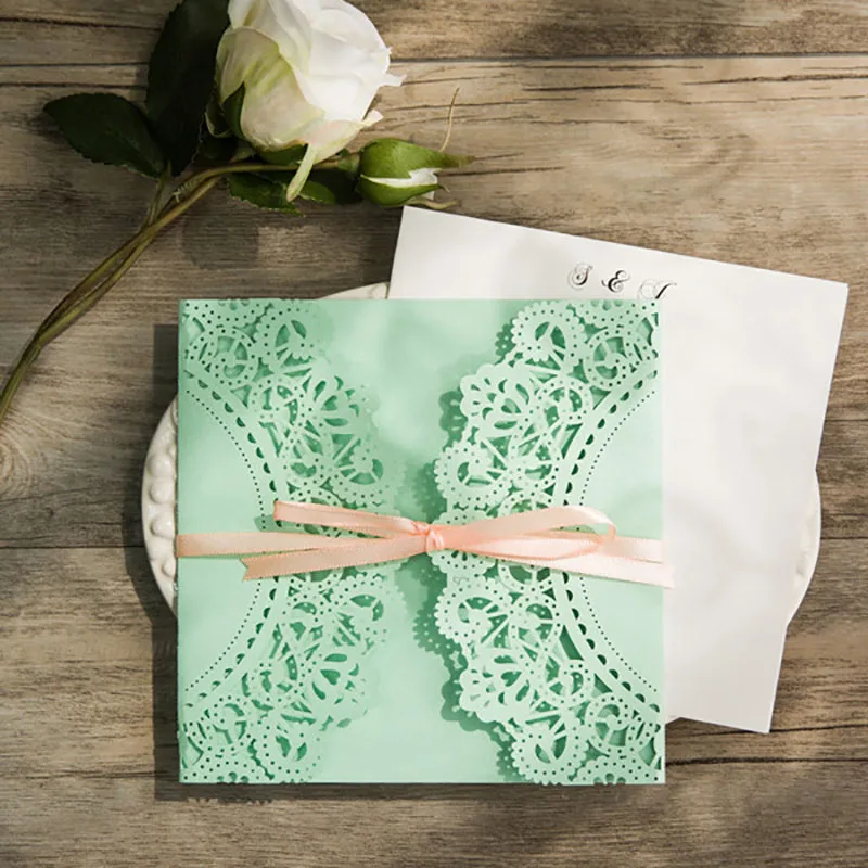 

100 Set Design Green Cartoon Flower Pattern Pumpkin Wedding Invitaitons Cards personality Print Laser Cut convites de casamento