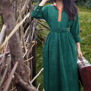 

Autumn Winter Women Court Style Vintage Dresses Blackish Green Corduroy Patchwork Long Party Dress New Original Design Vestidos
