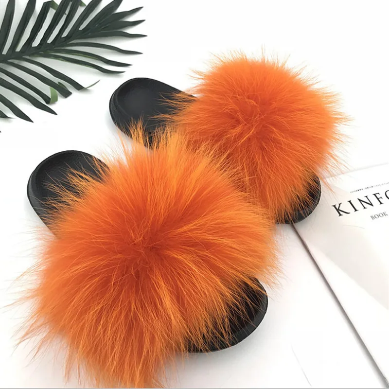 ZDFURS* New Arrivals Real Raccoon Fur Slippers Women Fluffy Fur Slides Spring Autumn Winter Indoor Outdoor Shoes - Цвет: K