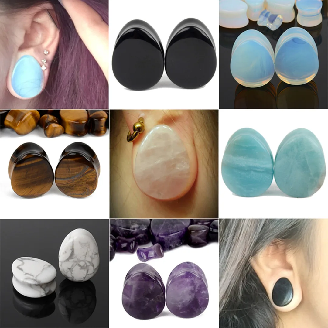 1 Pair Amethyst Natural Stone Teardrop Ear Plugs Tunnel Shellhard Gauges Ear Expanders Stretcher Fashion Body Pircings Jewelry