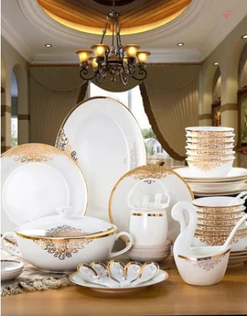 

European Household Bone Porcelain Tableware Set 56 Luxury Bowls and Plates Set Bowls and Chopsticks and Plates