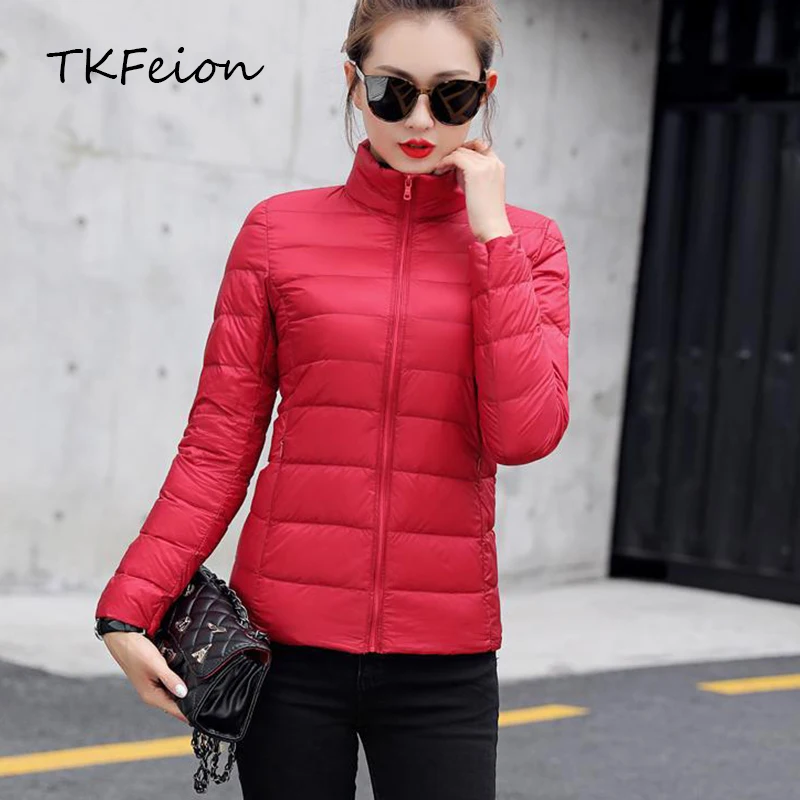 

2019 Female Autumn Winter Bomber Jackets Ultra-thin Lightweight Warm Duck Down Womens Short Slim Coats Stand Collar Plus 6XL 7XL