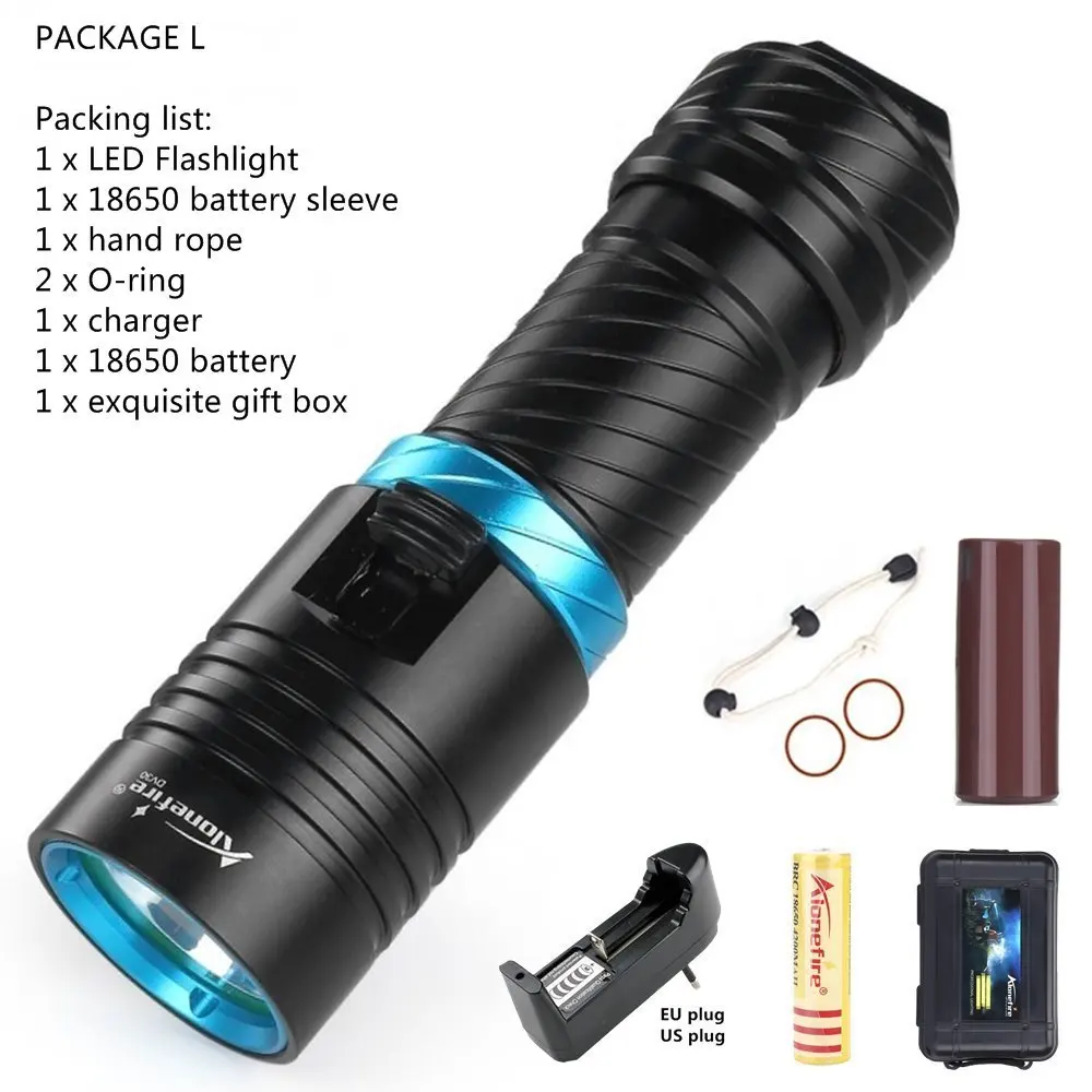 Package L Alonefire DV30 2000LM Cree XM-L2 светодиодный фонарь для дайвинга 100 м подводный водонепроницаемый фонарь+ аккумулятор 26650+ зарядное устройство - Испускаемый цвет: Package L