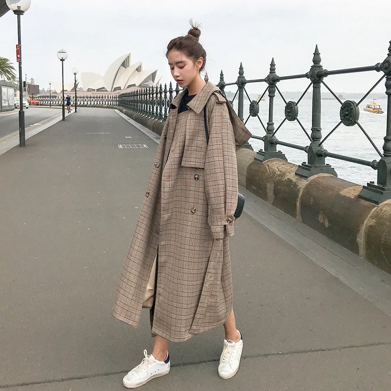 Высококачественный винтажный клетчатый Тренч Feminino в Корейском стиле, повседневный длинный Тренч, пальто для женщин с разрезом сзади, ретро пальто