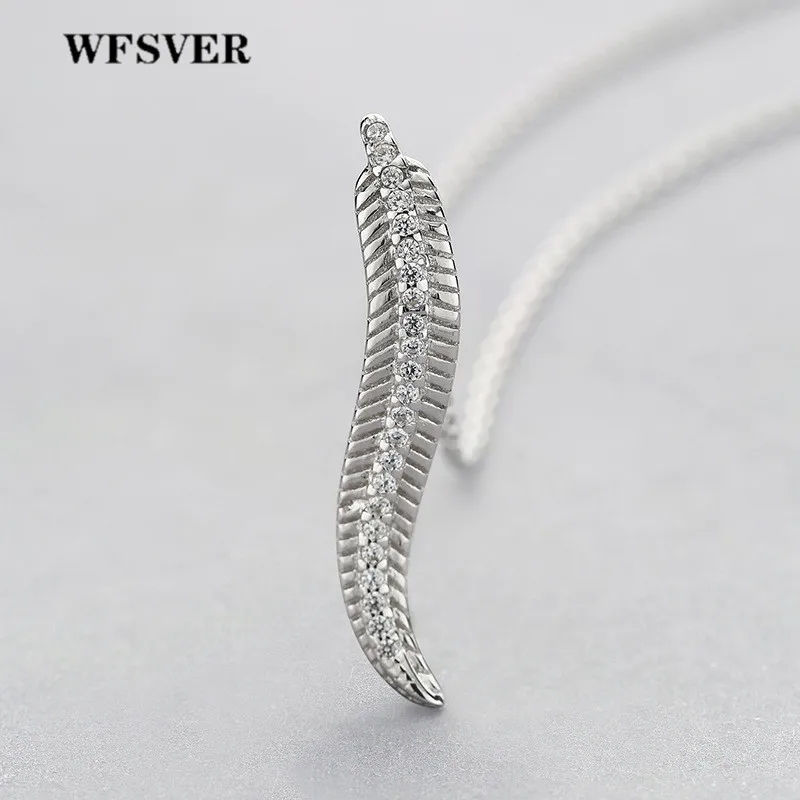 

WFSVER 925 Sterling Silver Jewelry Necklace Korea Style Feather Shape Pendant With Crystal Necklace For Women Fine Jewelry
