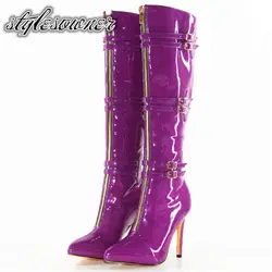 Stylesowner/роскошные женские сапоги из лакированной кожи на высоком каблуке, зимние высокие сапоги фиолетового цвета с острым носком