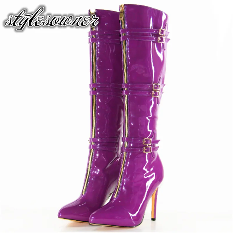 

Stylesowner Luxury Patent Leather for Lady High Heels Winter Long Boots Purple Solid Color Pointed Toe All-match Knee-high Boot