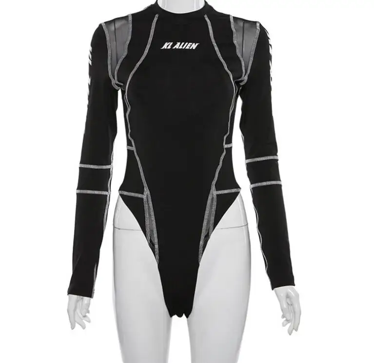 

New women's mesh stitching print long-sleeved jumpsuit