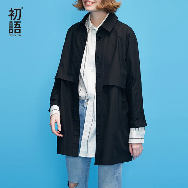 

Toyouth Autumn Solid Trench Coat Women Casual British Style Overcoat Loose Collar Female Outerwear Single-Breasted Abrigos Mujer