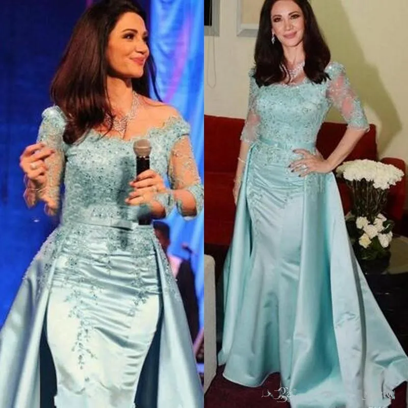 

Light Blue Mother of the bride Dresses 2019 Illusion Sleeves Beaded Sequins Lace Appliqued Mermaid Formal Gown Detachable Train