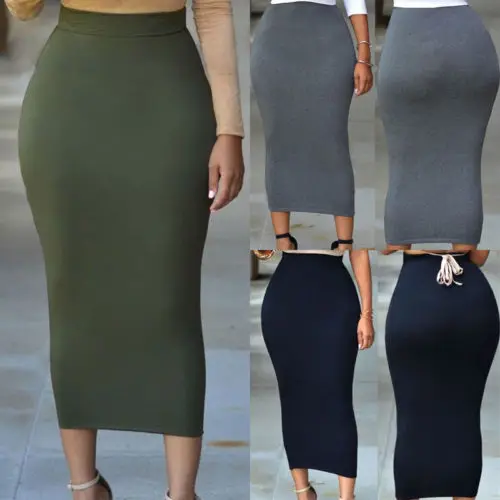 Толстые высокие юбка с тонкой талией для женщин Bodycon повседневное стрейч длиной макси летняя юбка-карандаш чистый цвет Длинные юбки для