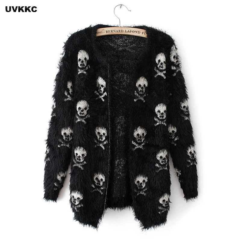black long sleeve skull embroidery mohair sweater