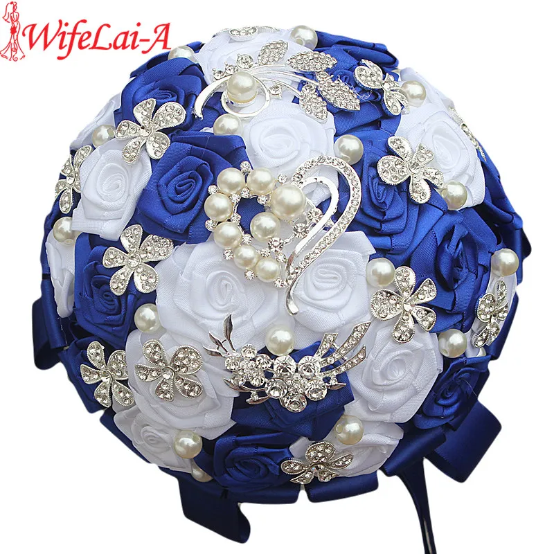 WifeLai-A Royal Blue White Brooch Wedding Bouquets Silk Rhinestone Artificial Rose Flowers Bridesmaid Mariage Bouquets W125-2