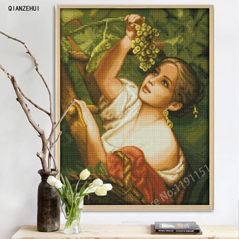 

QIANZEHUI,Needlework,DIY The plucking grapes girl characters Cross stitch,Sets For Embroidery kits Cross-Stitch