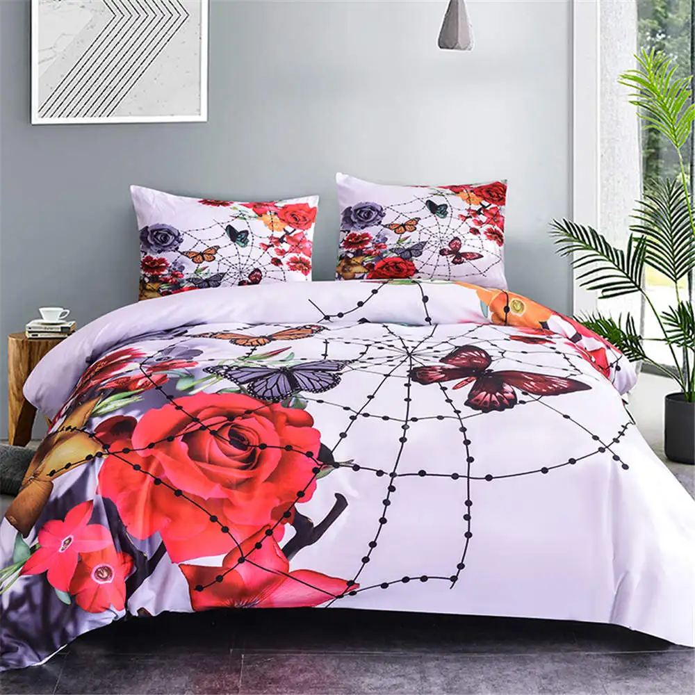 

ZEIMON 2/3pcs Polyester Bedding Set Rose Pattern Butterflies Printed 3D Printing Queen Size Duvet Cover Pillowcase Home Decor