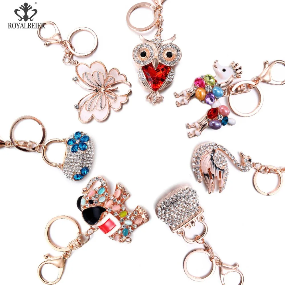 

RoyalBeier Owl Keyrings Eye Metal Rhinestone Keychain Elephant Key and Bags DIY Decoration Jewelry Pink Beer Key Chain For Women