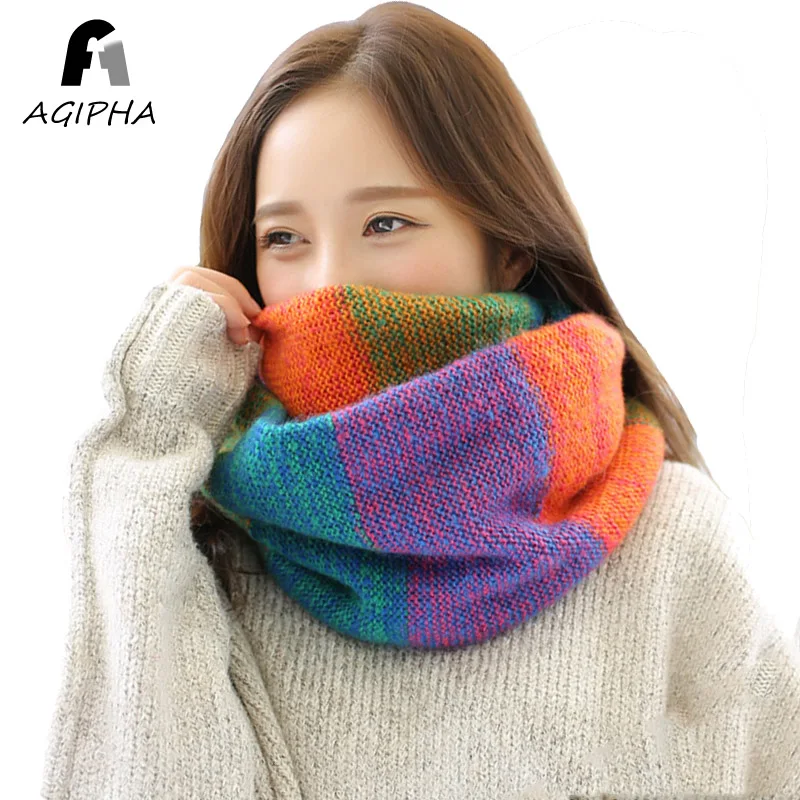 Winter Knitting Women Ring Scarf Colorful Double Layer Warm Soft