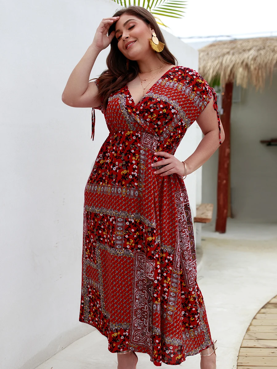 Для женщин призвание летнее платье Повседневное плюс Размеры BOHO короткий рукав с глубоким v-образным вырезом платья пикантные женские ботинки на шнуровке до Разделение длинное платье, платье