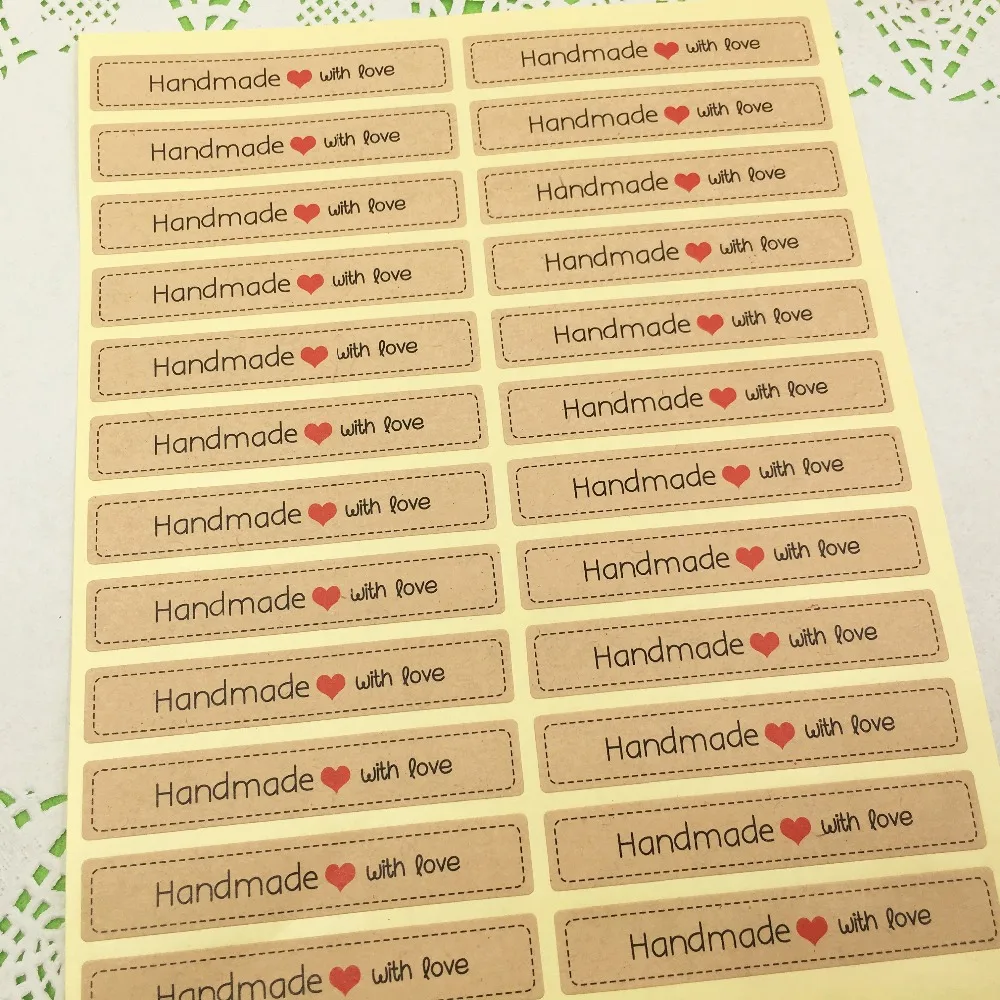 

100Pcs Long Strip Shape Kraft Paper Cardboard Handmade With Love Print for Envelope Note Bag Gift Sealing Stickers 7.5x1.3cm