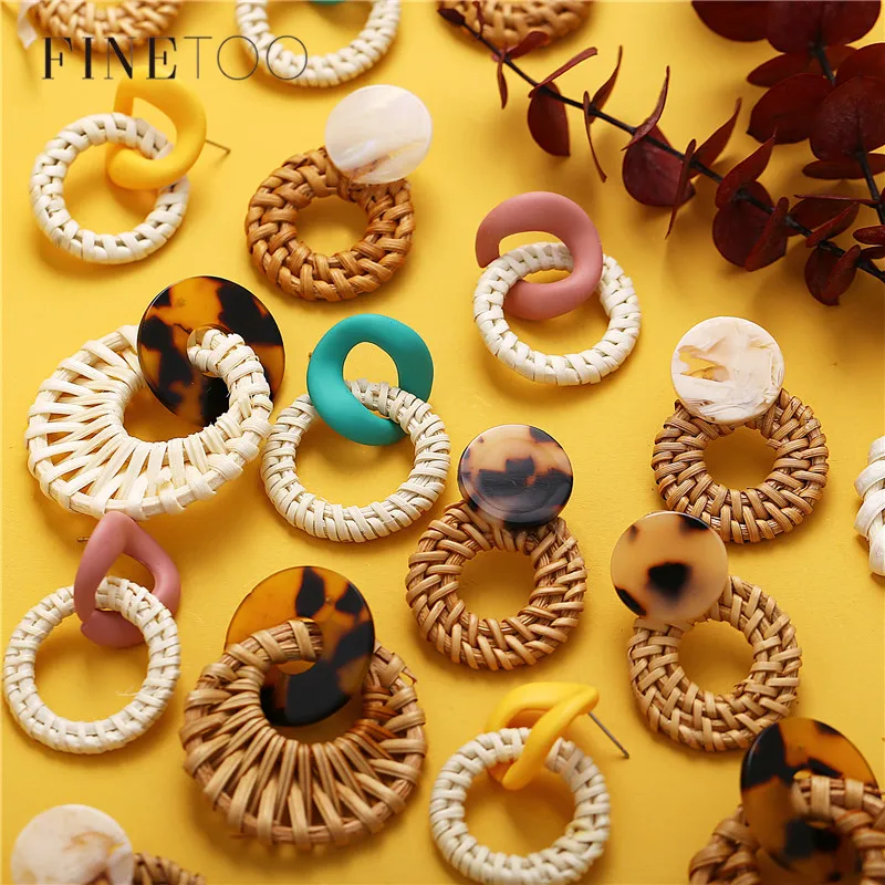 Корейские модные геометрические плетеные серьги из бамбука ротанга ручной