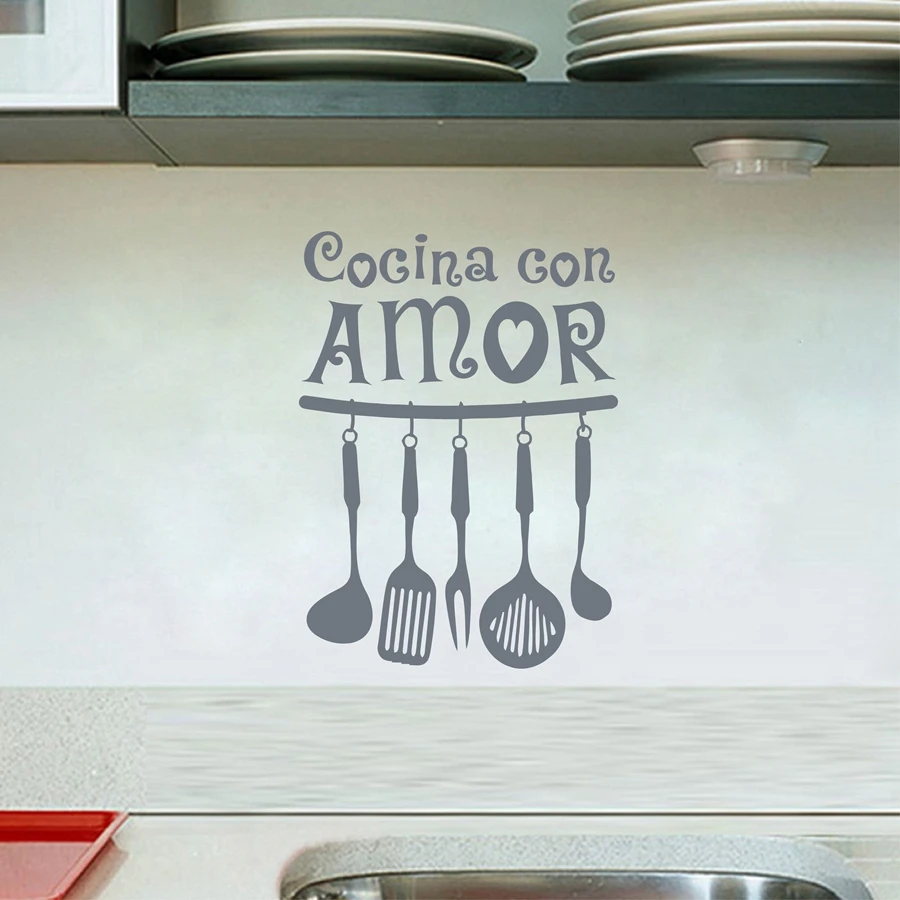 Испанская виниловая настенная наклейка Cocina Con Amor Wall Art Декали с цитатами настенные украшения для кухни