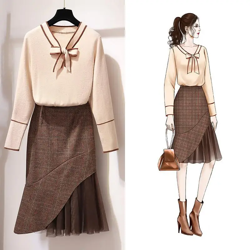 

Women Autumn Winter Sets Female Solid Knitted Sweater Tops + Slim Bodycon Plaid Mesh Stitching Mermaid Wool Skirt 2 Pieces V514