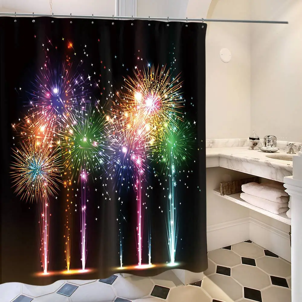 Billig Polyester Mehltau Proofing Wasserdicht Dusche Vorhang Feuerwerk Schöne Muster Bad Vorhang Für Bad Vorhang Decor